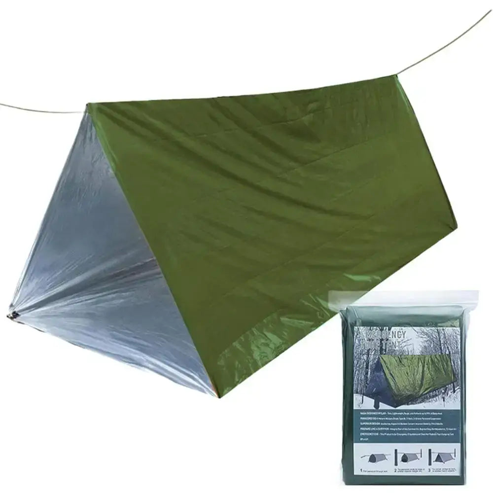 Outdoor Emergency Survival Tent and Blanket displayed in olive green with packaging.