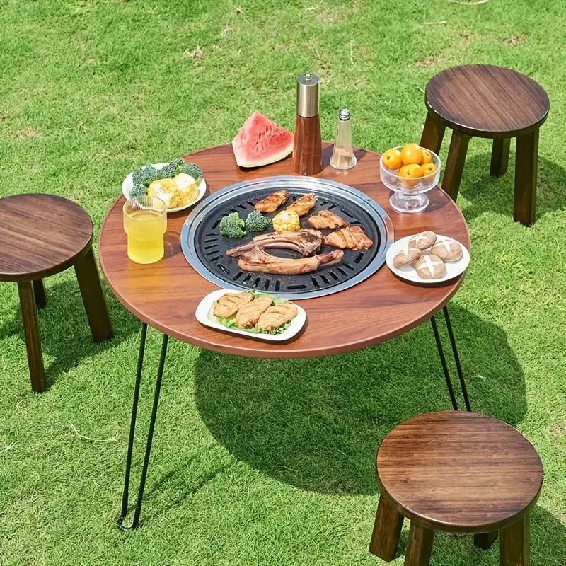 1 Portable Folding Stove Table Camping Round Table for Barbecue Outdoor Picnics Sports Outdoor Barbecue Table with food setup.