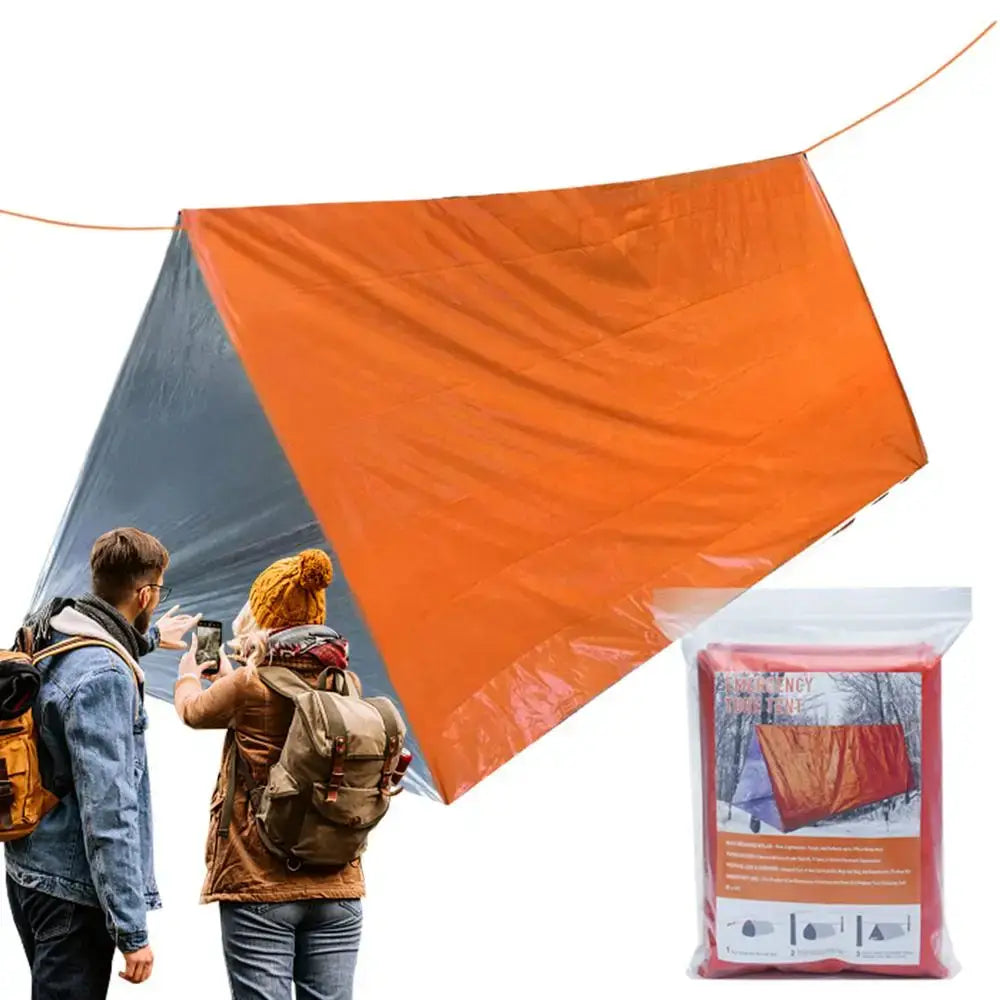 Outdoor Emergency Survival Tent and Blanket setup for hiking with a couple and an orange tarp