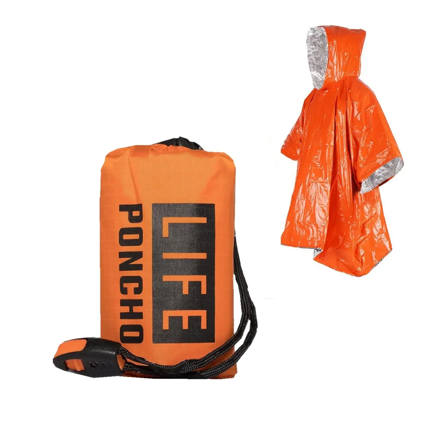 LIFE poncho Emergency Survival Thermal Survival Space Blanket Raincoat Heat Reflective in orange with hood, packable design.