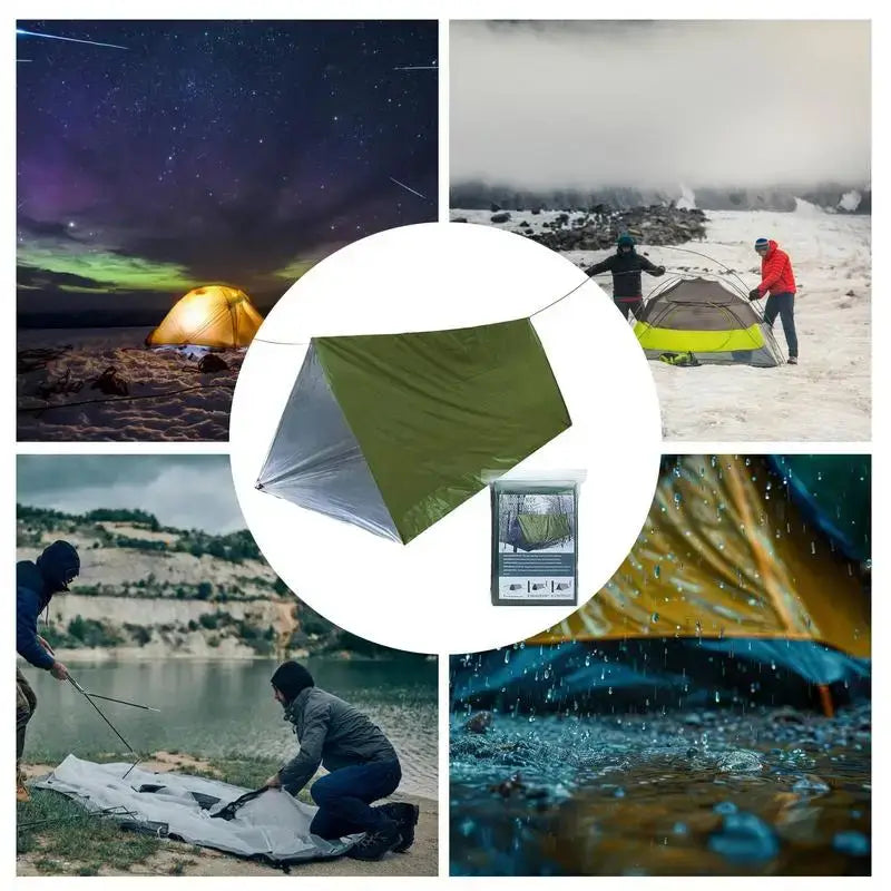 Outdoor Emergency Survival Tent and Blanket shown in various settings like camping, hiking, and in rainy conditions.