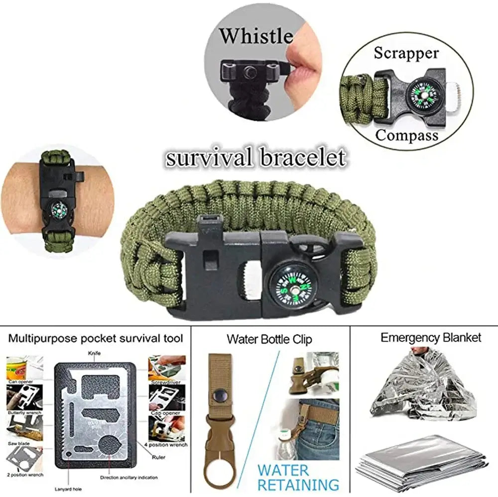 survival bracelet with whistle, scrapper, and compass, featuring multi-tool options for outdoor adventure survival kit SOS Emergency First Aid Kit Camping Bag