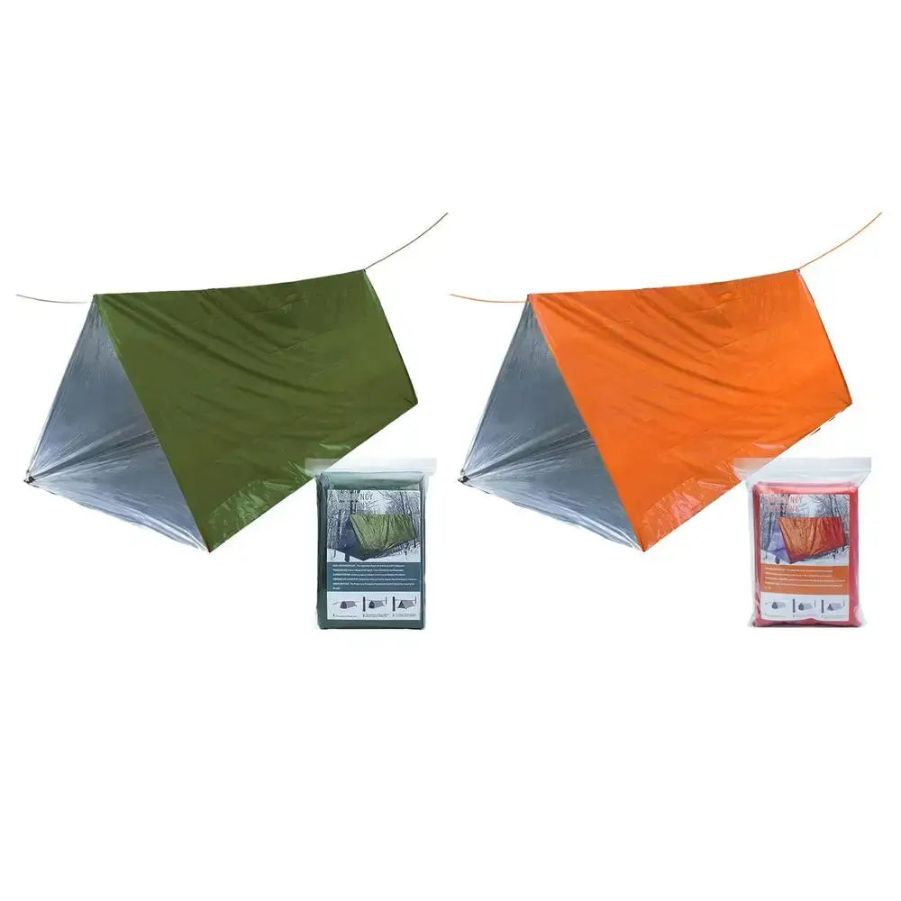 Outdoor Emergency Survival Tent and Blanket in green and orange colors, designed for camping and emergency shelter.