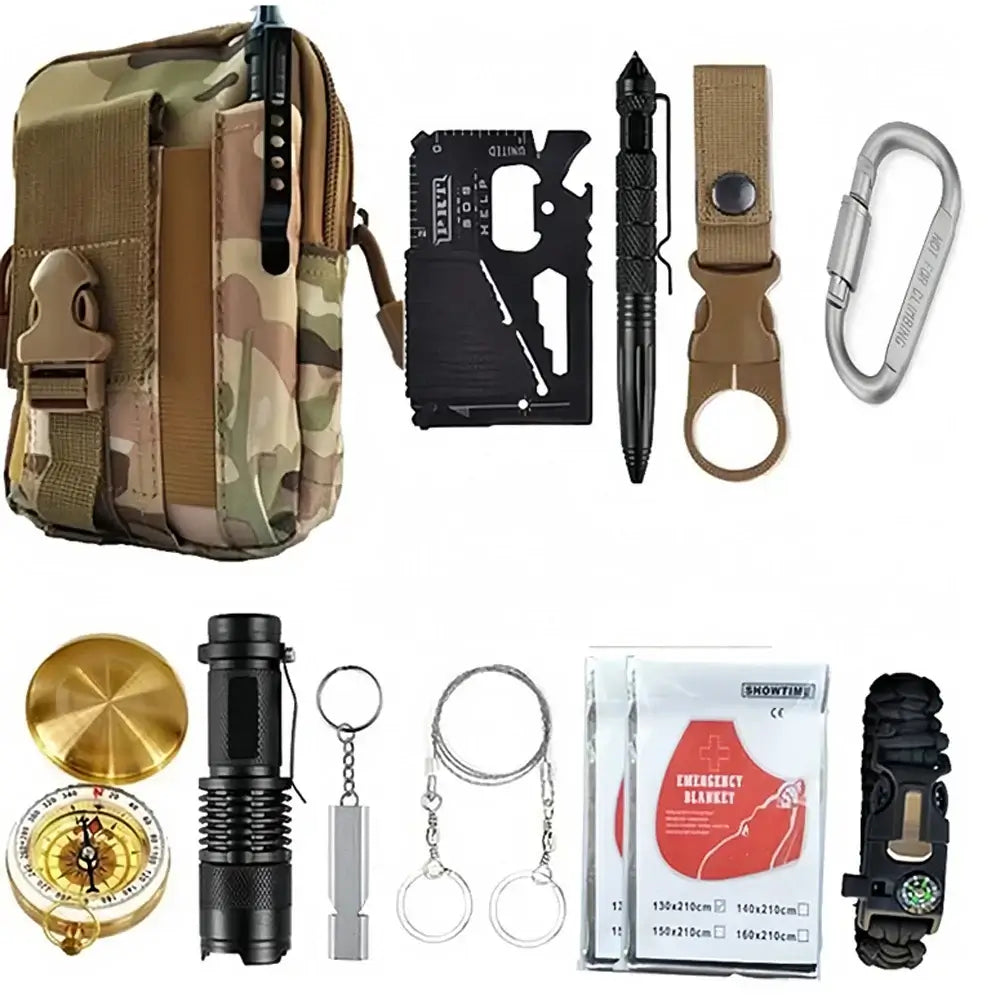 Outdoor Adventure Survival Kit SOS Emergency First Aid Kit Camping Bag with essential tools and gear for emergencies.