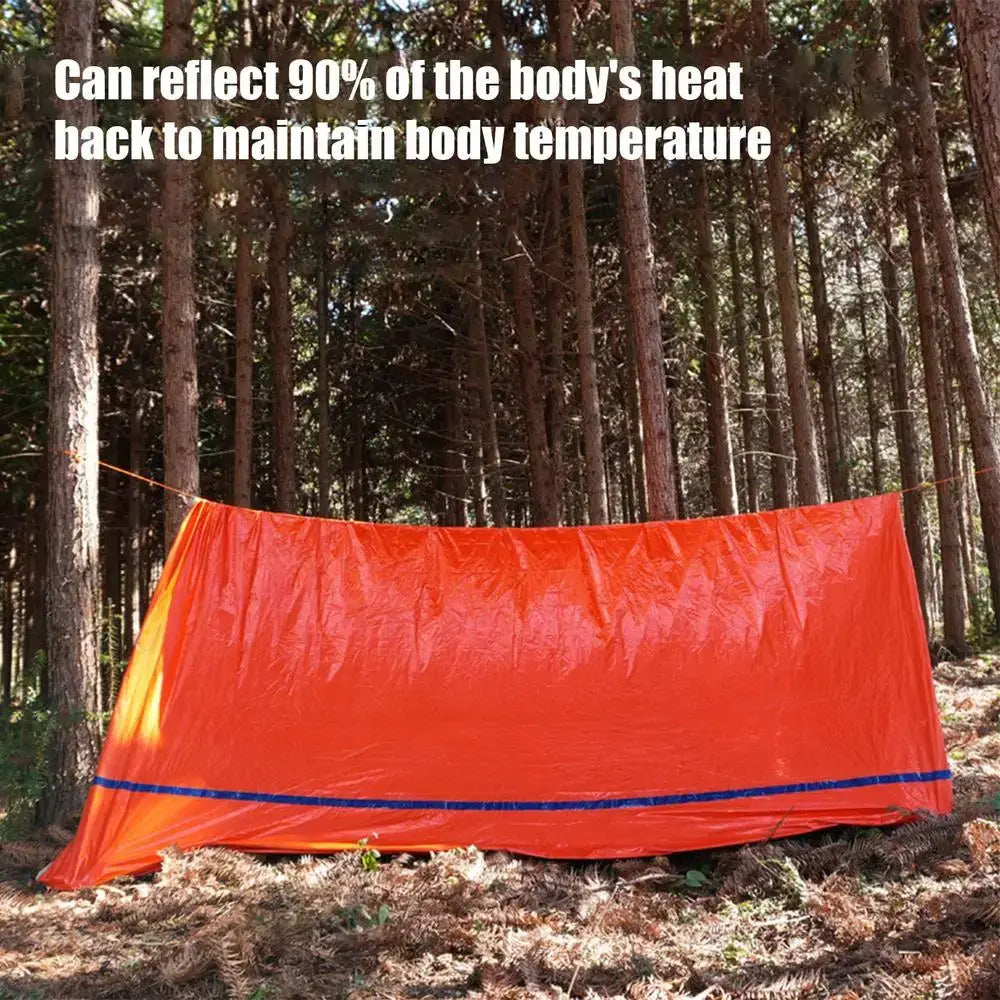 Outdoor Emergency Survival Tent and Blanket in orange, reflecting 90% of body heat for temperature maintenance.