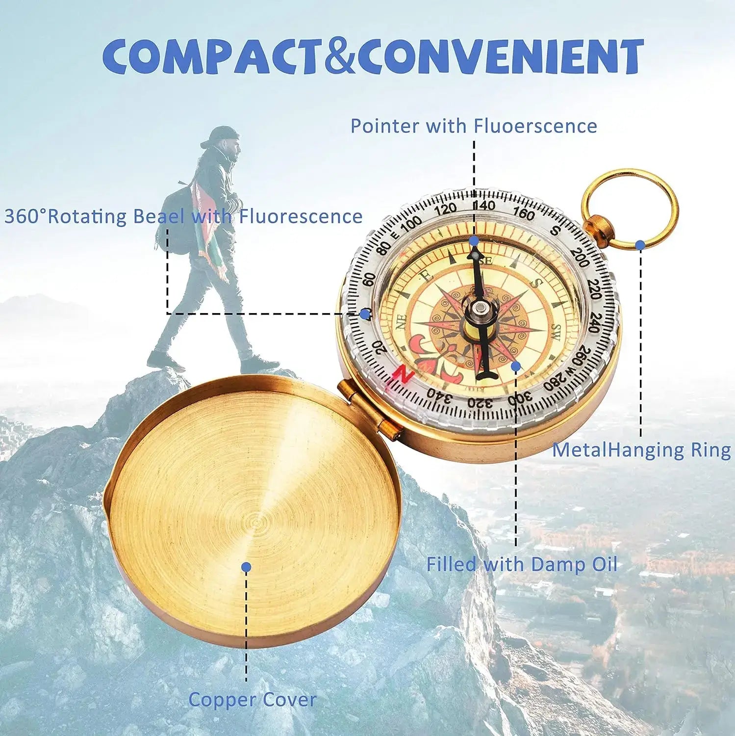 Outdoor Adventure Survival Kit SOS Emergency First Aid Kit Camping Bag with compass features labeled.