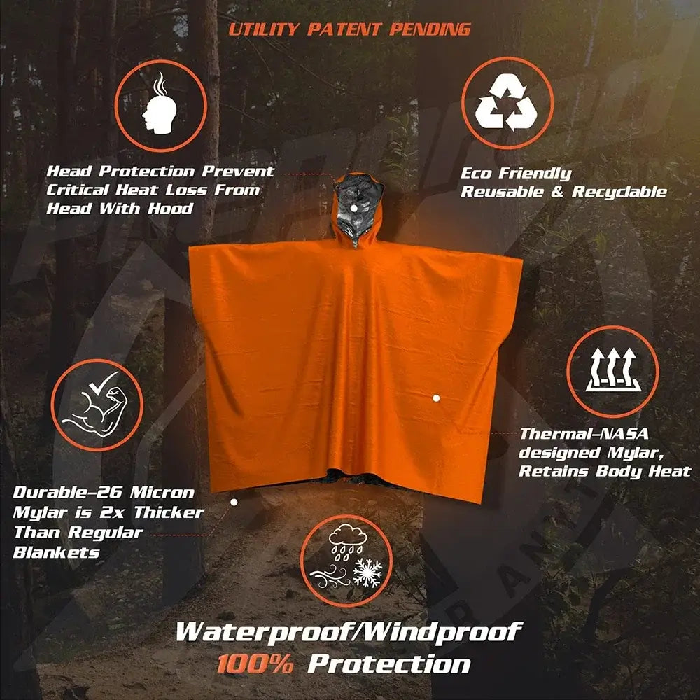 LIFE poncho Emergency Survival Thermal Survival Space Blanket Raincoat Heat Reflective with head protection and eco-friendly features.