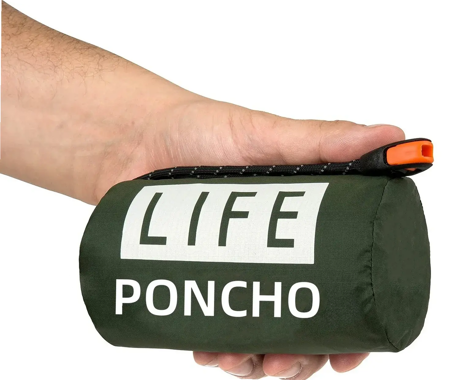 LIFE poncho Emergency Survival Thermal Survival Space Blanket Raincoat Heat Reflective packed in hand for easy transport.