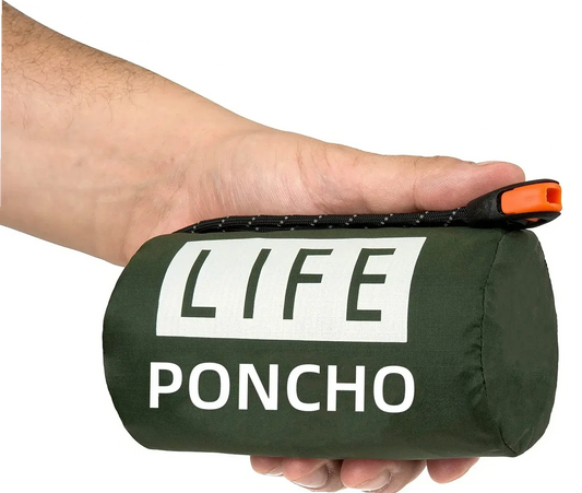 LIFE poncho Emergency Survival Thermal Survival Space Blanket Raincoat Heat Reflective packed in hand for easy transport.