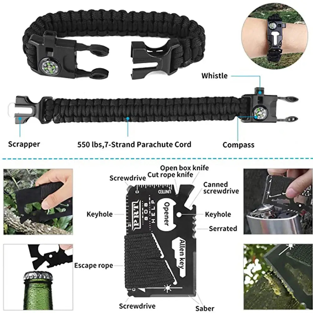 Outdoor Adventure Survival Kit SOS Emergency First Aid Kit Camping Bag with tools and accessories for survival.