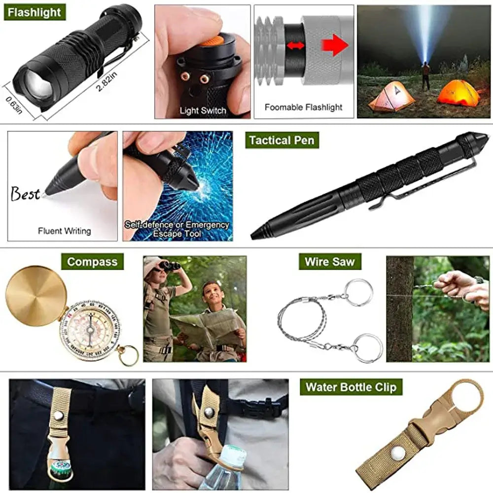 Outdoor Adventure Survival Kit SOS Emergency First Aid Kit Camping Bag components including flashlight, tactical pen, compass, wire saw, and water bottle clip.