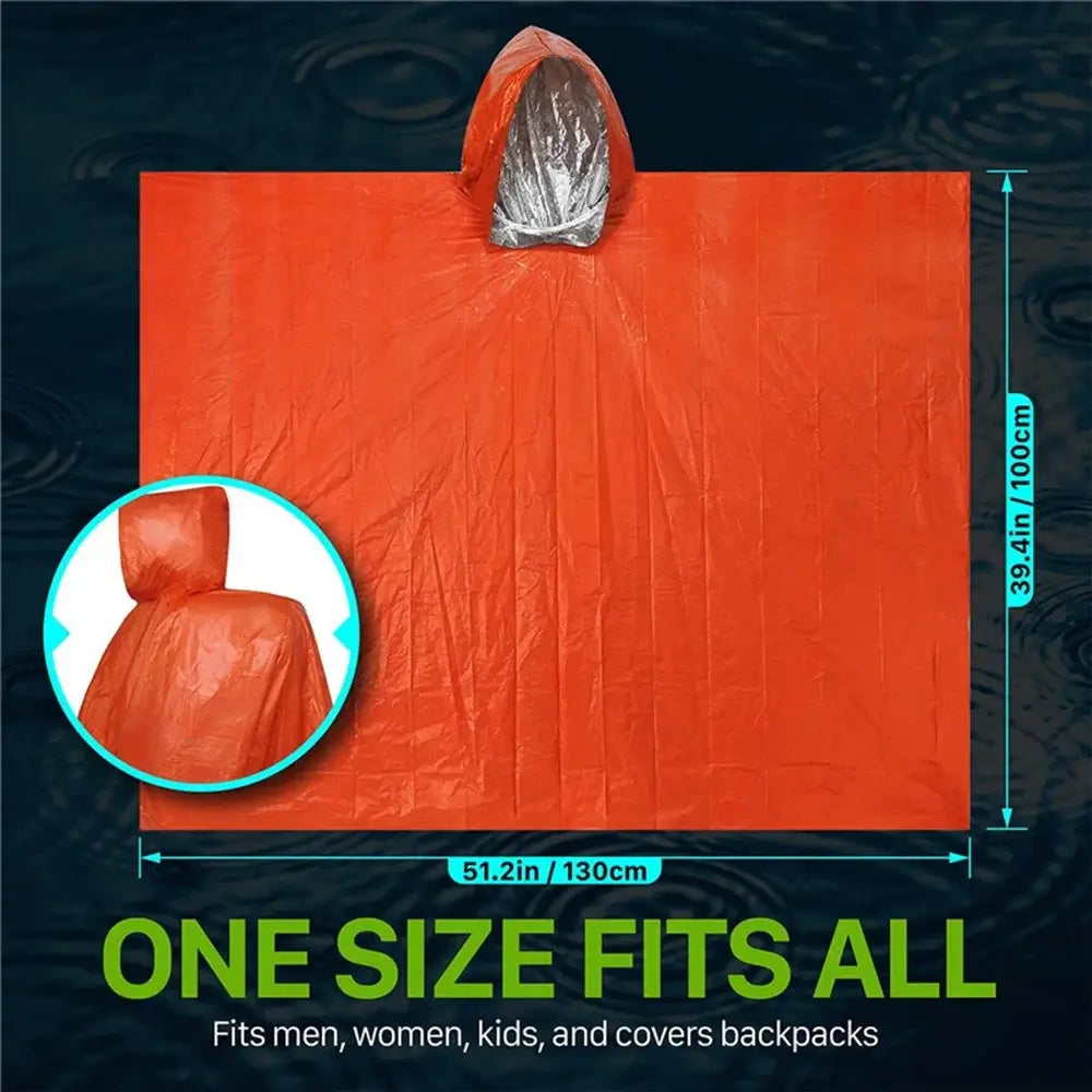 LIFE poncho Emergency Survival Thermal Survival Space Blanket Raincoat Heat Reflective in orange with hood, fits all sizes.