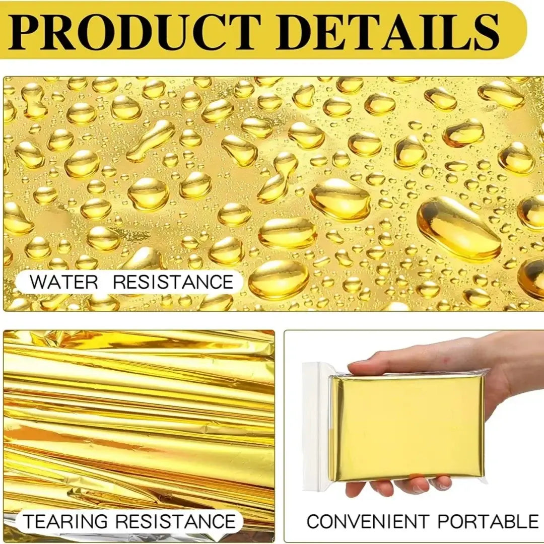 Emergency Solar Blanket for Hunting or Camping details: water resistance, tearing resistance, and convenient portable design.