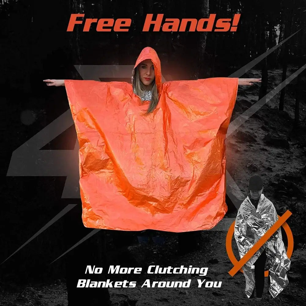 LIFE poncho Emergency Survival Thermal Survival Space Blanket Raincoat Heat Reflective for hands-free outdoor comfort.