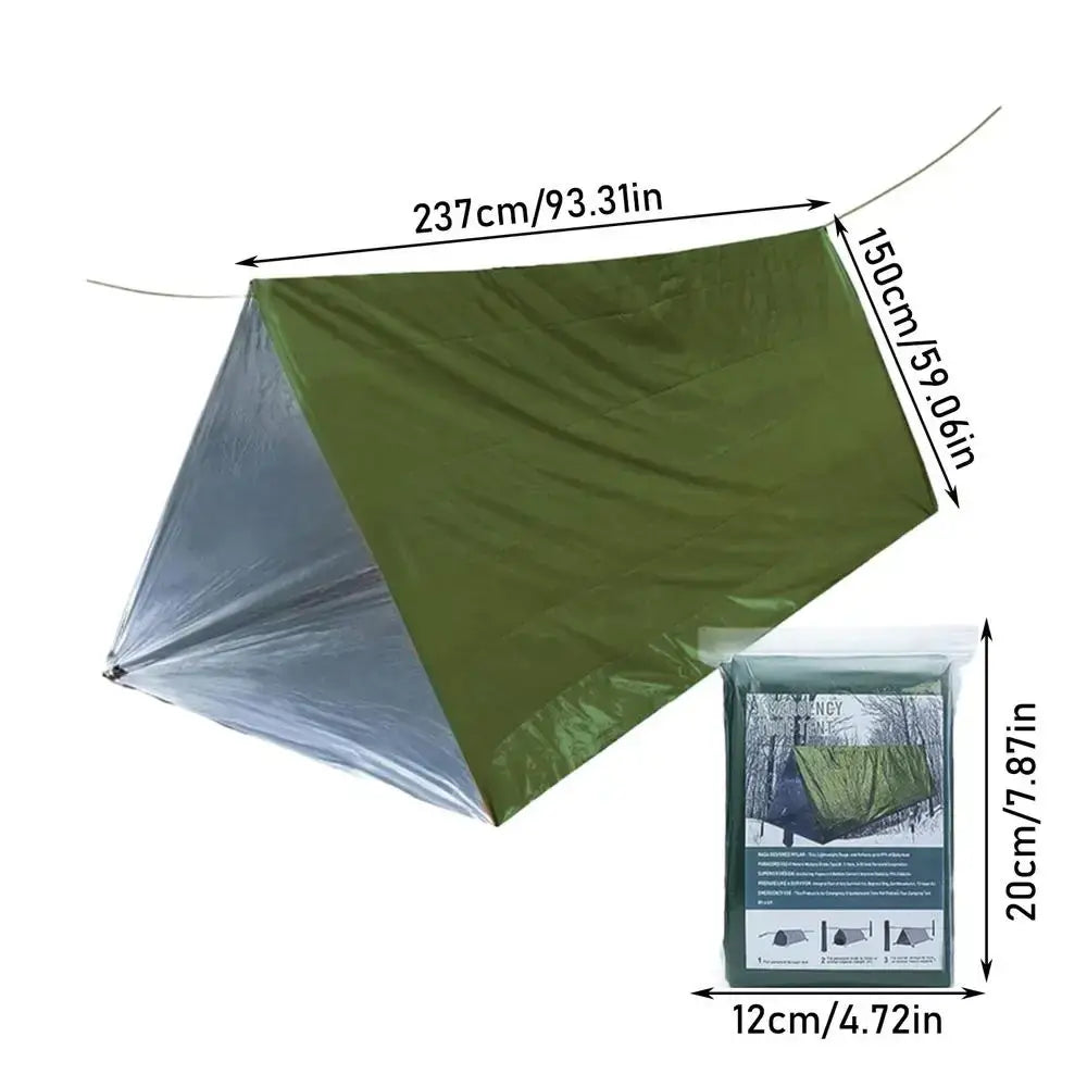 Outdoor Emergency Survival Tent and Blanket displayed with measurements for camping and emergency use.