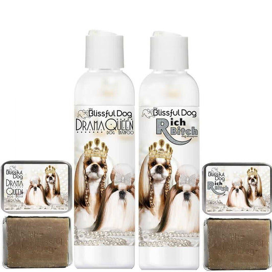 Shih Tzu Rich Bitch & Drama Queen Shampoo bottles and bars for luxurious pet grooming.