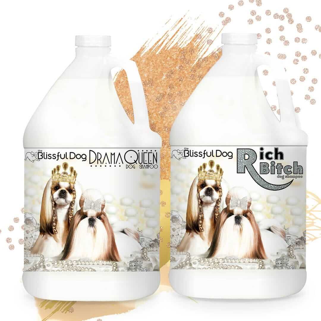 Shih Tzu Rich Bitch & Drama Queen Shampoo bottles showcasing glam for your pet's grooming needs.