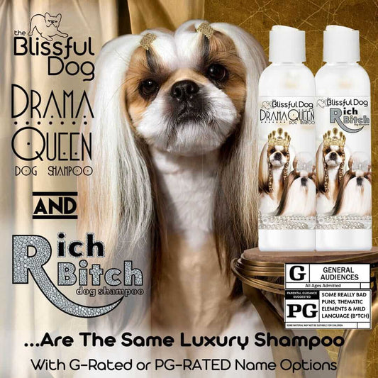 Shih Tzu Rich Bitch & Drama Queen Shampoo bottles and bars for luxurious pet grooming.