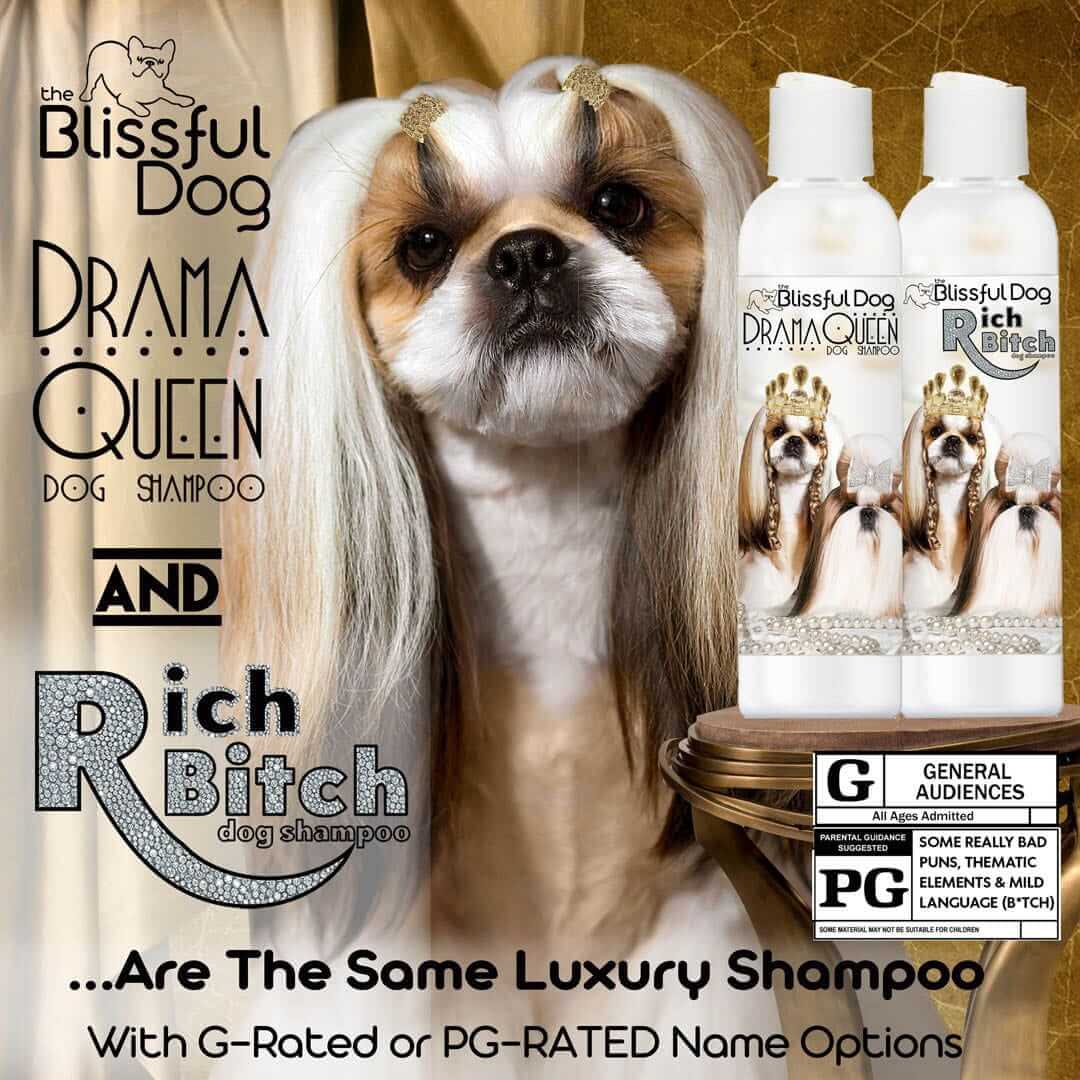 Shih Tzu Rich Bitch & Drama Queen Shampoo with nourishing botanicals for glamorous grooming.