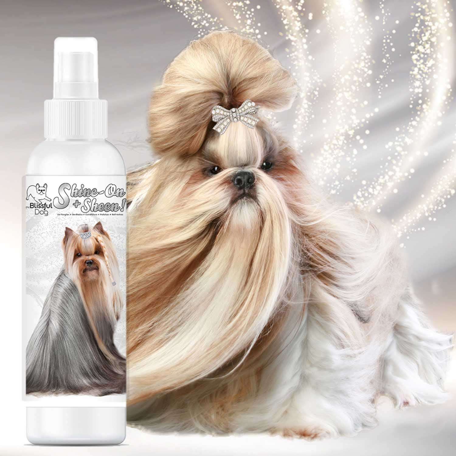Shine-On Plus Sheen Dog De-Tangling Coat Spray with a beautifully groomed dog showcasing its shiny coat.