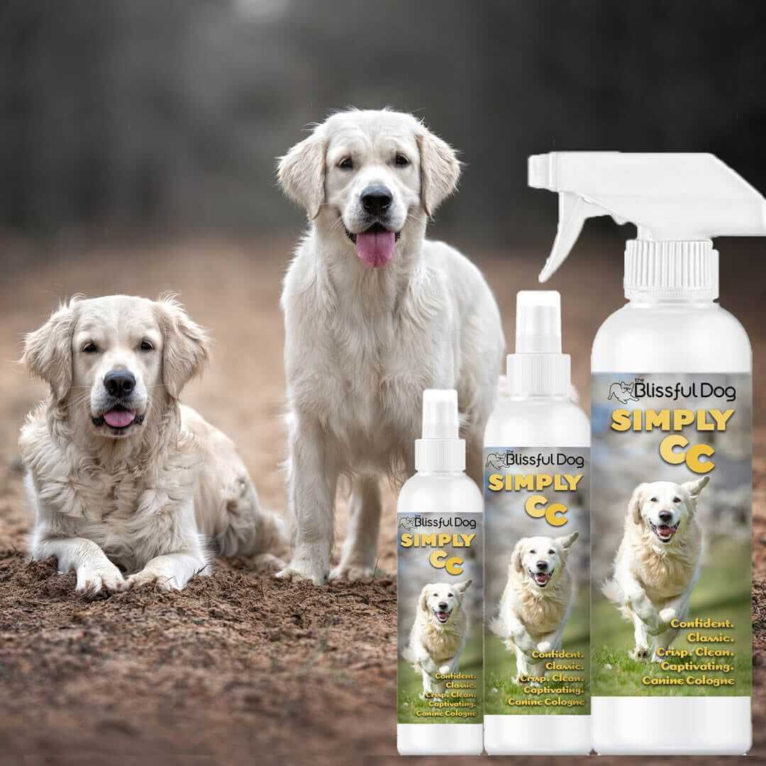 Simply Canine Cologne Dog Cologne bottles with happy dogs in a natural setting, showcasing the classic canine scent.