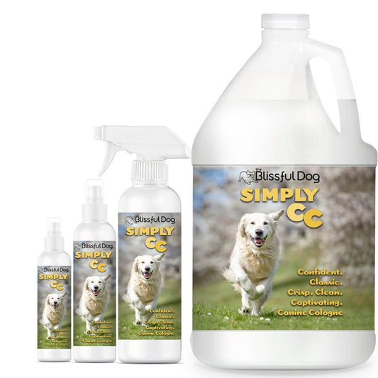 Simply Canine Cologne Dog Cologne bottles including spray and gallon size, featuring a happy dog on the label.