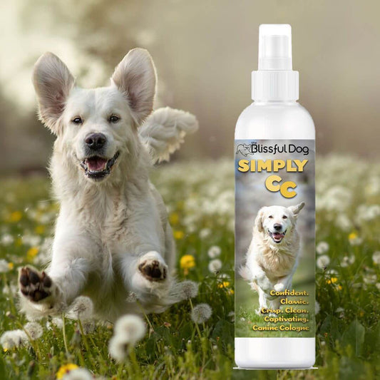 Simply Canine Cologne Dog Cologne bottles including spray and gallon size, featuring a happy dog on the label.