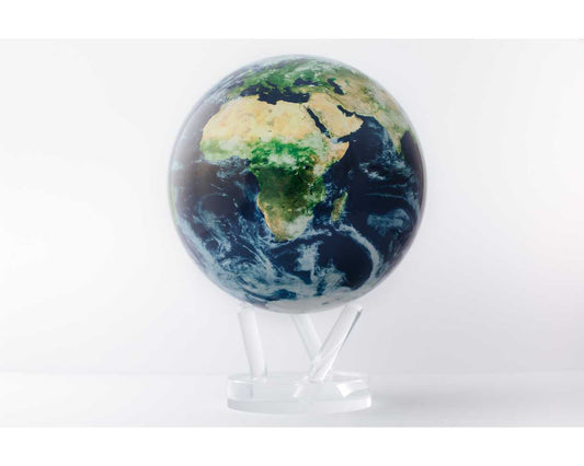 A realistic, rotating globe with a depiction of Earth from space, featuring blue oceans, green landmasses, and white cloud formations, supported by a clear stand.