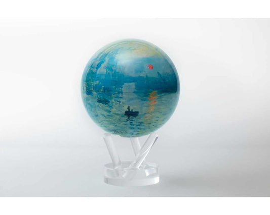 A rotating globe featuring the artwork 'Impression, Sunrise' by Claude Monet, displayed on a clear acrylic stand.