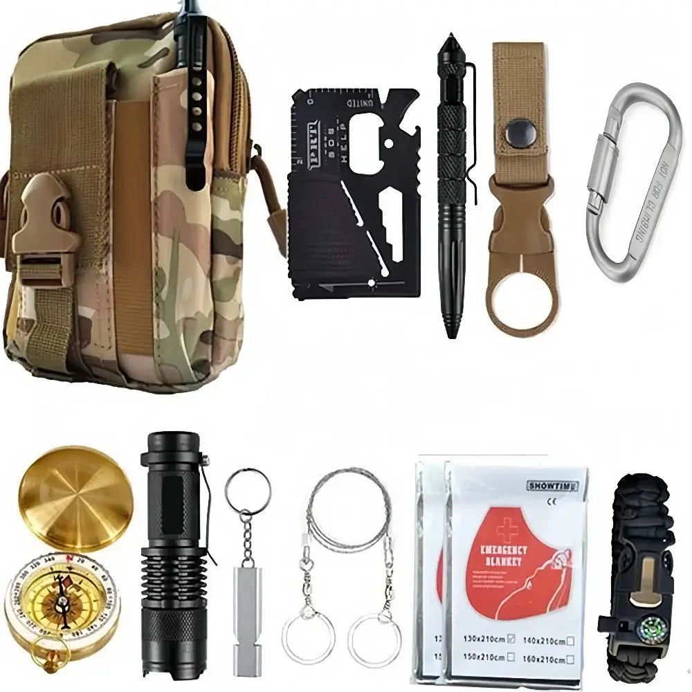 Outdoor Adventure Survival Kit SOS Emergency First Aid Kit Camping Bag with tools and accessories for outdoor emergencies.
