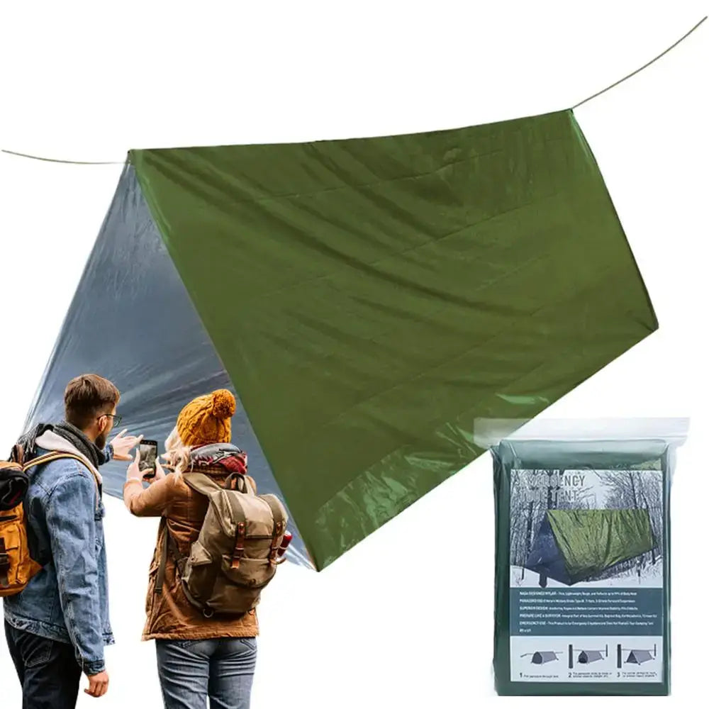 Outdoor Emergency Survival Tent and Blanket for camping and emergencies, featuring easy setup and extreme cold protection.