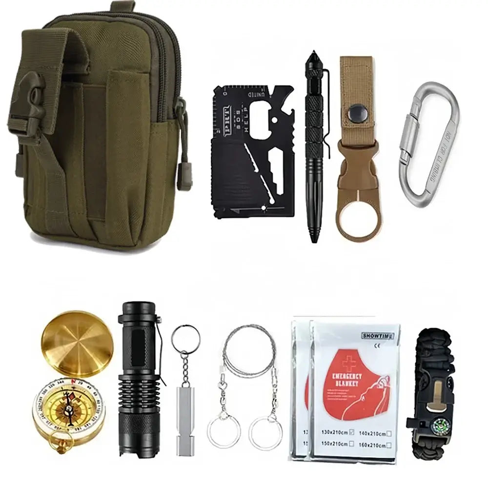 Outdoor Adventure Survival Kit SOS Emergency First Aid Kit Camping Bag with essential gear and accessories.