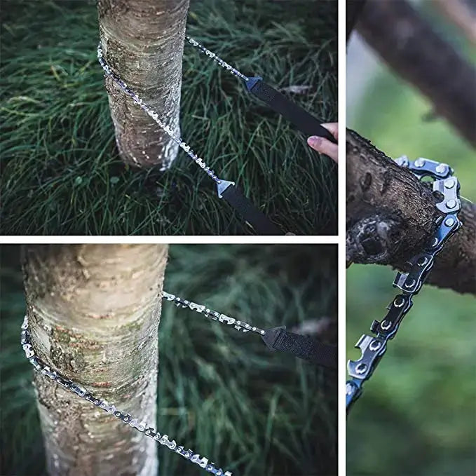 Outdoor Adventure Survival Kit SOS Emergency First Aid Kit Camping Bag features a chainsaw tool on a tree for emergencies.
