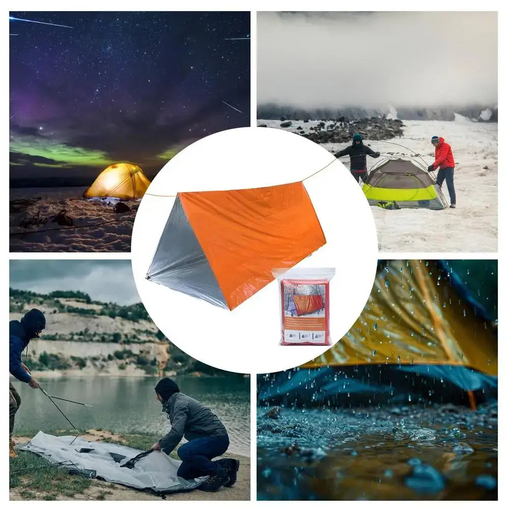 Outdoor Emergency Survival Tent and Blanket displayed in various outdoor settings, showcasing its utility in emergencies and camping.