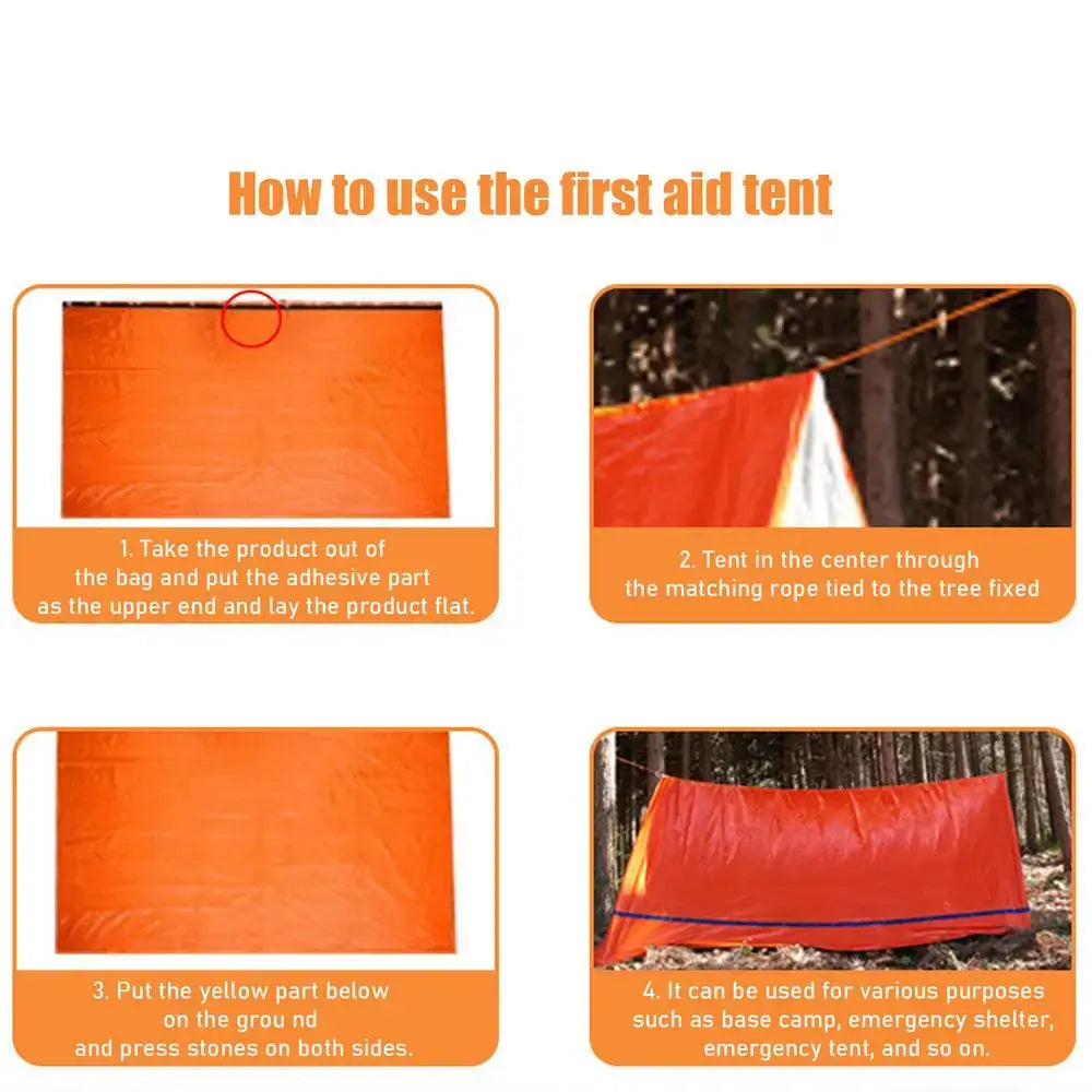 How to use the Outdoor Emergency Survival Tent and Blanket with step-by-step instructions for setup and use.