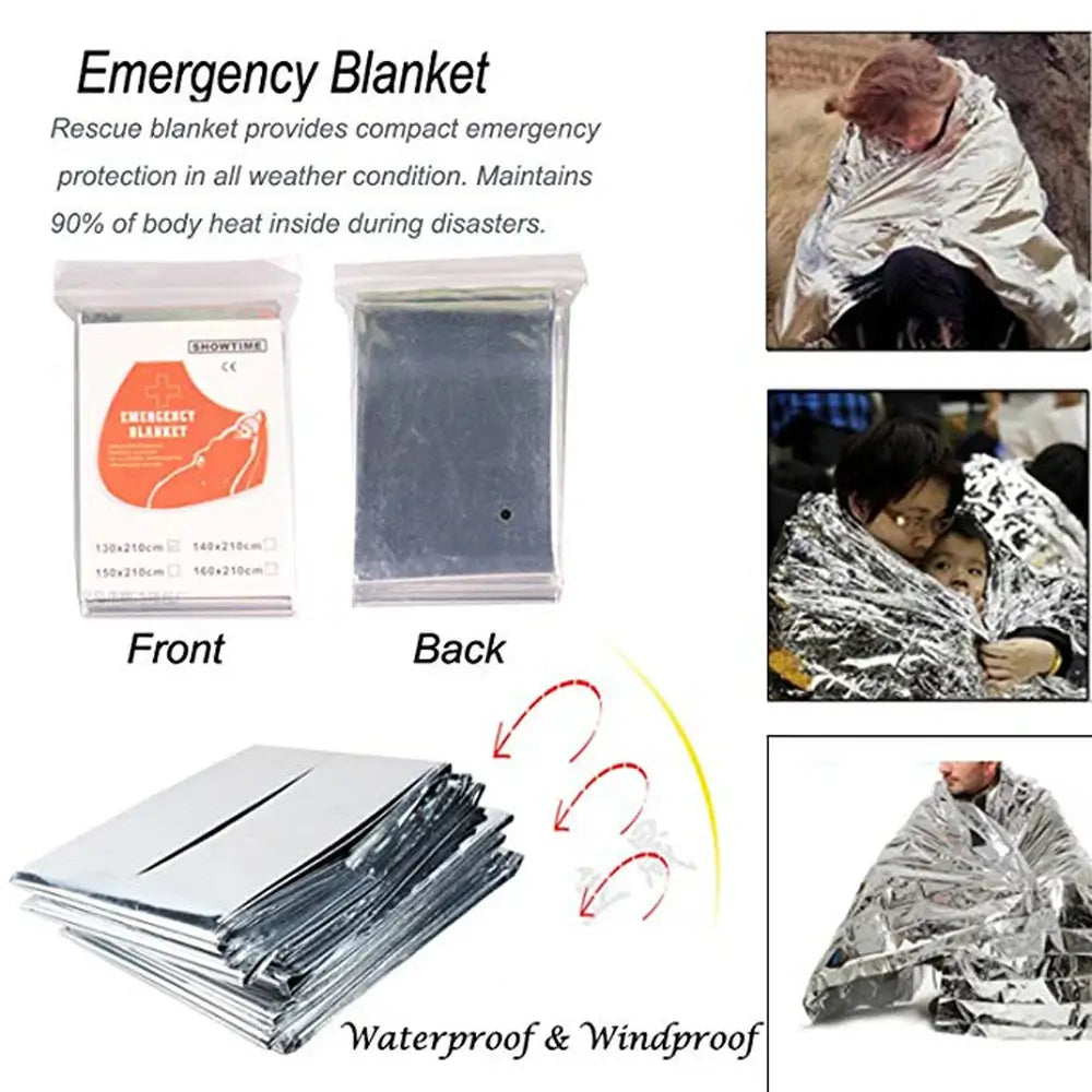 Emergency Blanket for Outdoor Adventure Survival Kit SOS Emergency First Aid Kit Camping Bag. Waterproof and windproof protection.