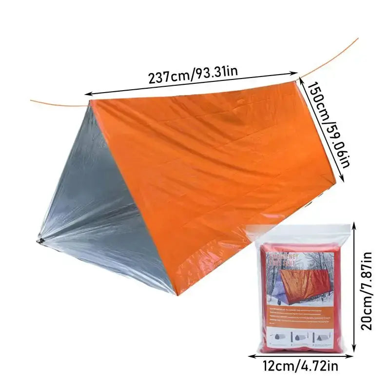 Outdoor Emergency Survival Tent and Blanket with orange exterior and portable storage pack for outdoor safety.