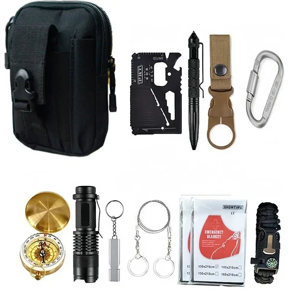 Outdoor Adventure Survival Kit SOS Emergency First Aid Kit Camping Bag with essential tools and equipment.