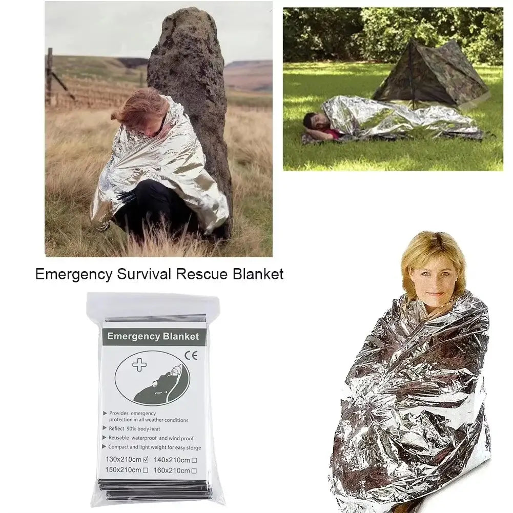 Emergency Solar Blanket for Hunting or Camping in various survival scenarios and packaging.