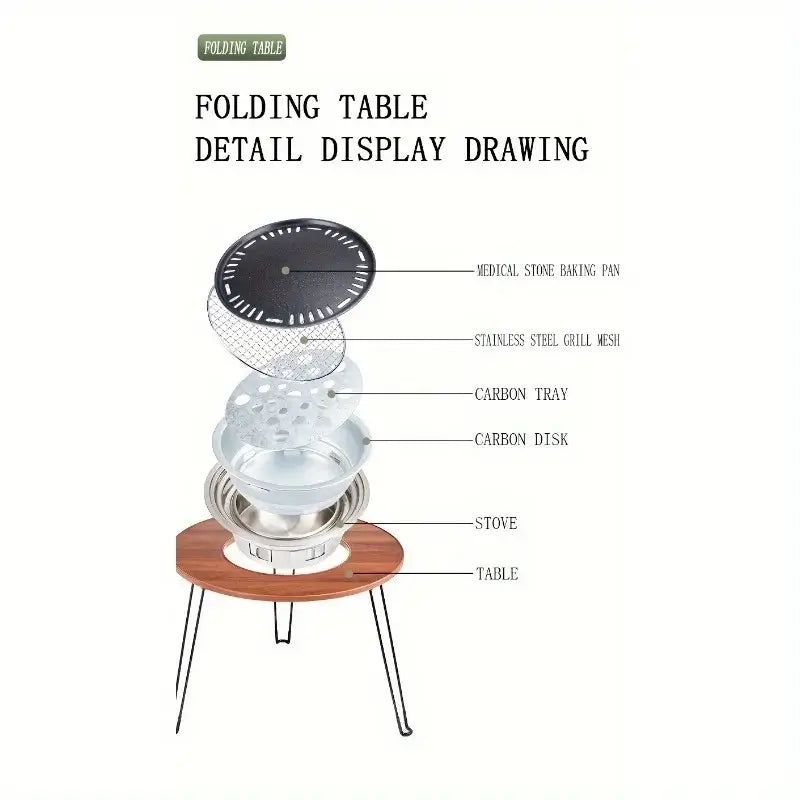 Folding table detail display drawing showing parts including stove, carbon tray, and grill mesh for 1 Portable Folding Stove Table Camping Round Table for Barbecue Outdoor Picnics Sports Outdoor Barbecue Table.