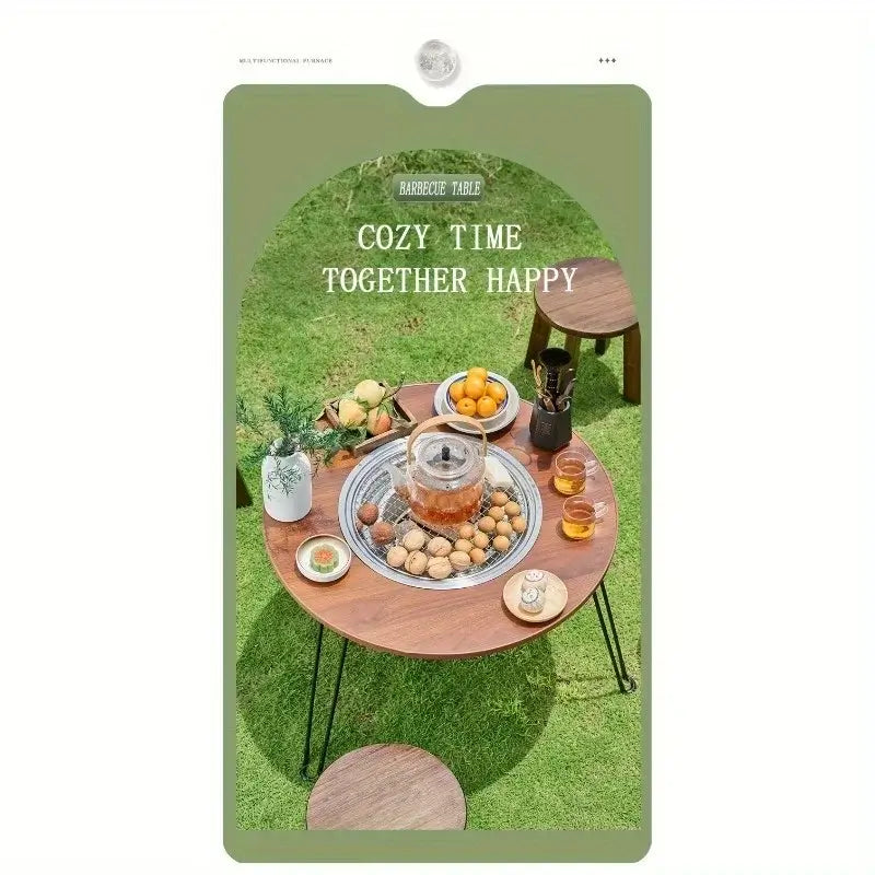 1 Portable Folding Stove Table Camping Round Table for Barbecue Outdoor Picnics Sports Outdoor Barbecue Table set up outdoors.