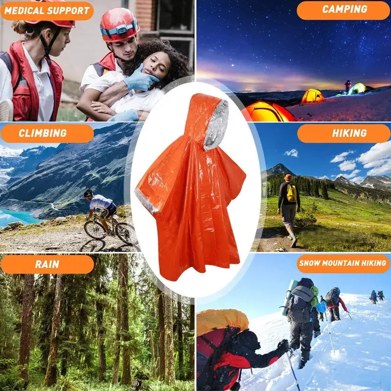 LIFE poncho Emergency Survival Thermal Survival Space Blanket Raincoat Heat Reflective for outdoor activities and emergencies.