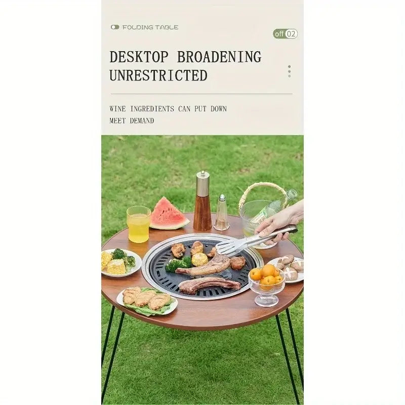 1 Portable Folding Stove Table Camping Round Table for Barbecue Outdoor Picnics Sports Outdoor Barbecue Table set up with food.