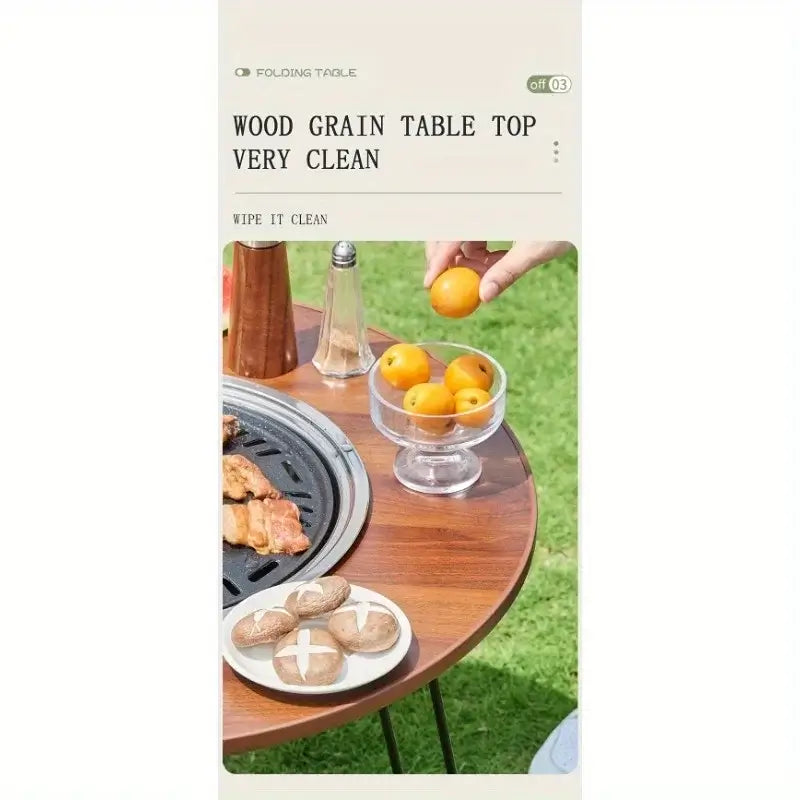 1 Portable Folding Stove Table Camping Round Table for Barbecue Outdoor Picnics Sports Outdoor Barbecue Table with wood grain top.