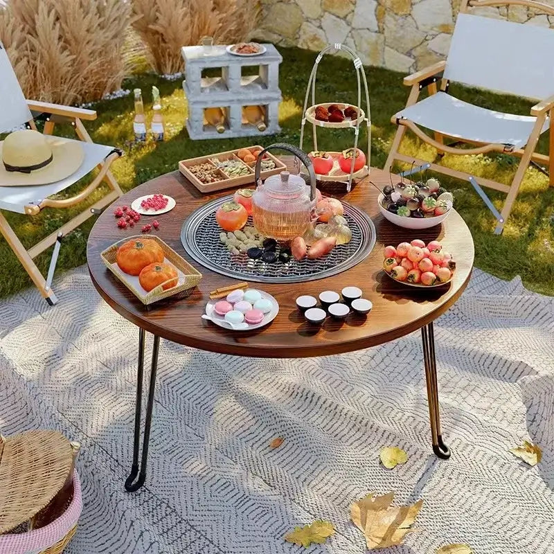 1 Portable Folding Stove Table Camping Round Table for Barbecue Outdoor Picnics Sports Outdoor Barbecue Table set with food and drinks