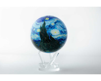 A rotating globe featuring the famous painting 'Starry Night' by Vincent van Gogh, displayed on a white stand.