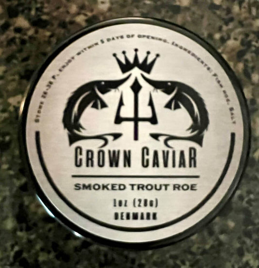 A tin can labeled 'Crown Caviar Smoked Trout Roe' with a graphic of a trident and fish, indicating the product is a gourmet delicacy.