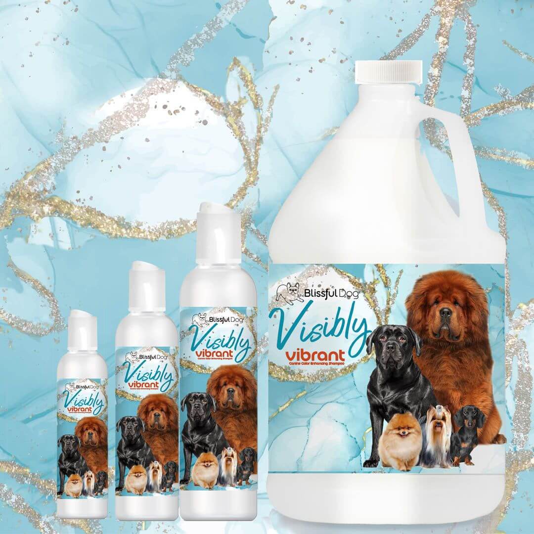 Visibly Vibrant Pet Shampoo collection featuring various sizes with playful dogs on the label, showcasing color enhancing properties.