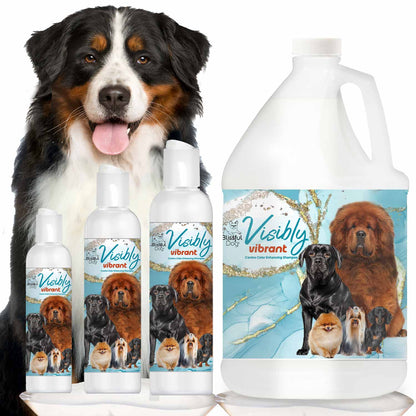 Visibly Vibrant Pet Shampoo bottles and a happy dog showcasing canine color enhancing benefits.
