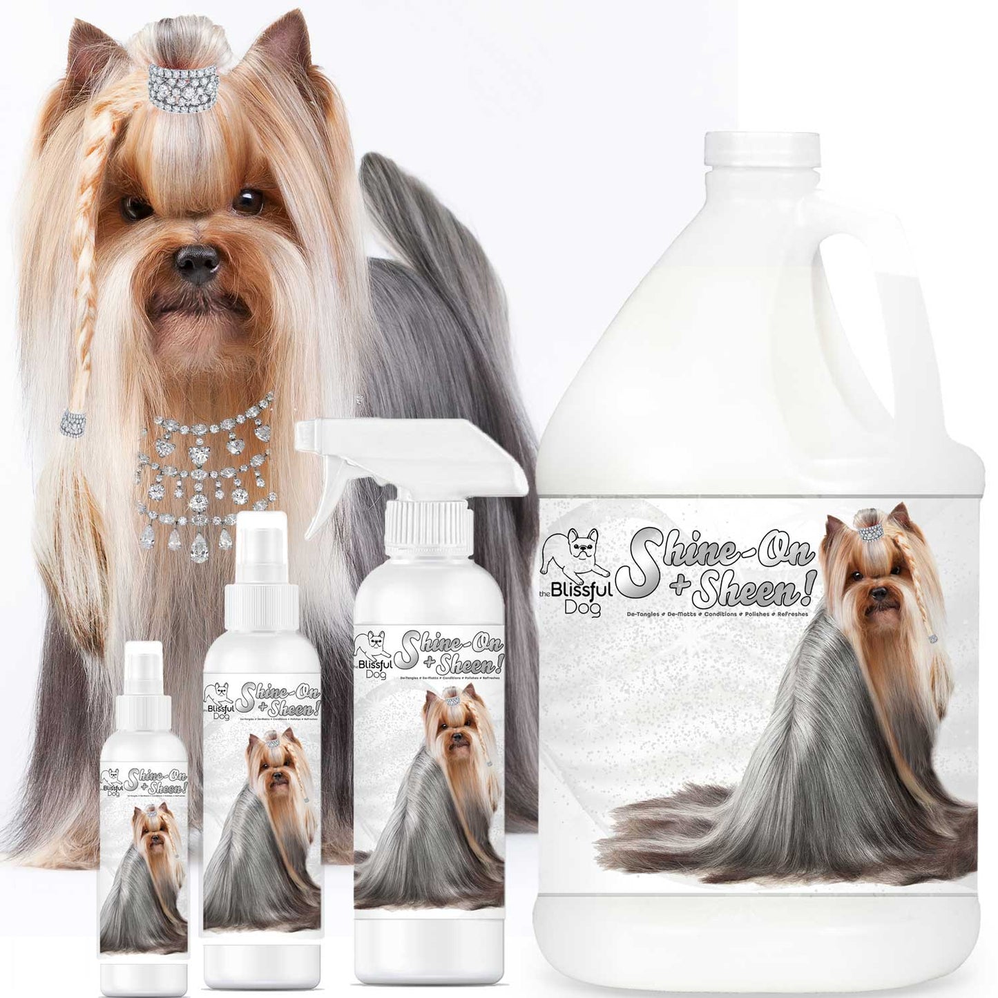 Shine-On Plus Sheen Dog De-Tangling Coat Spray and Conditioner products with a glamorous Yorkshire Terrier.